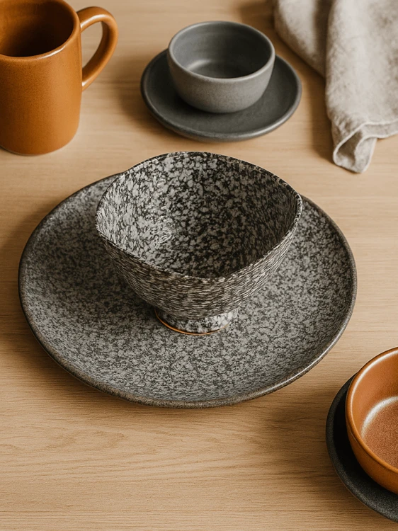 Ceramiczna miska o czarno-białej nakrapianej strukturze stoi na dopasowanym talerzu na drewnianym stole. Aranżacja w kolorach ziemi obejmuje ochrowy kubek, szarą czarkę ze spodkiem oraz lnianą serwetkę.